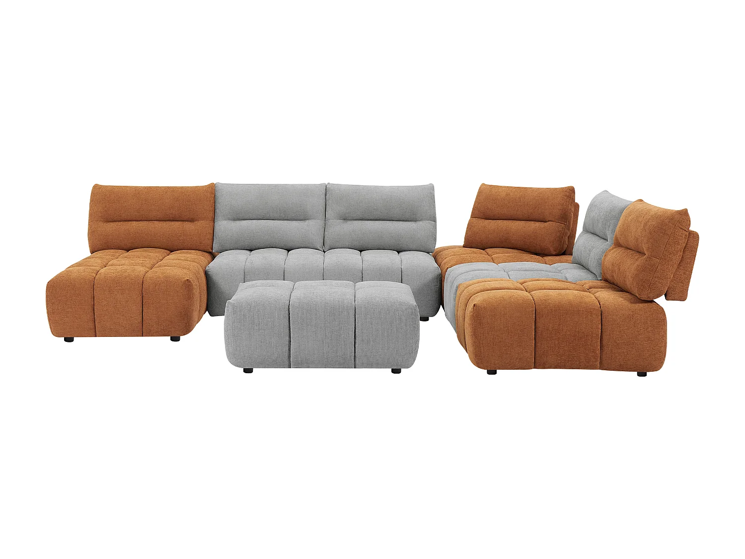 Panoramisk sofa med hjørnemidiné og puf med avanceret justerbart ryglæn med udtræksbart betræk i tekstureret lysegrå og terrakotta APOLIU