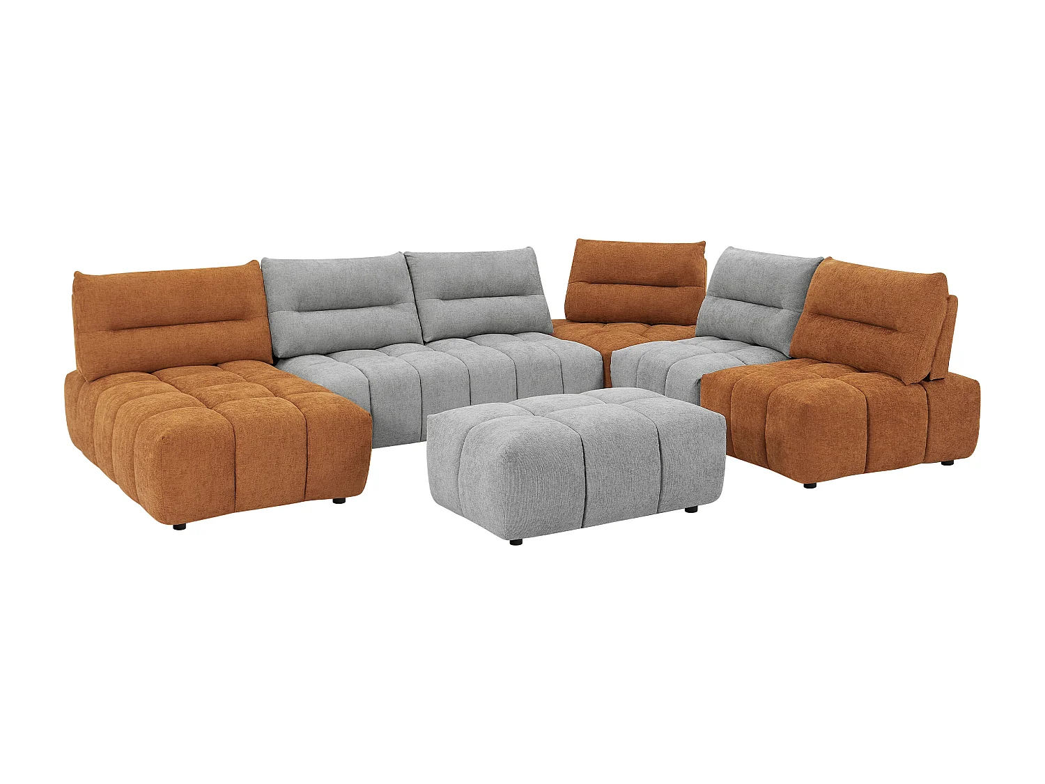 Panoramisk sofa med hjørnemidiné og puf med avanceret justerbart ryglæn med udtræksbart betræk i tekstureret lysegrå og terrakotta APOLIU