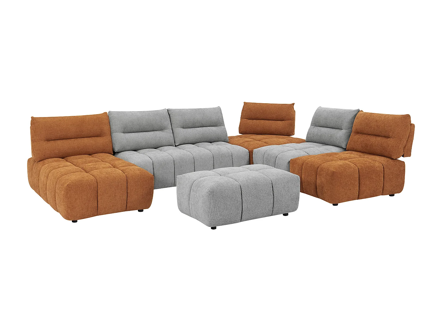 Panoramisk sofa med hjørnemidiné og puf med avanceret justerbart ryglæn med udtræksbart betræk i tekstureret lysegrå og terrakotta APOLIU