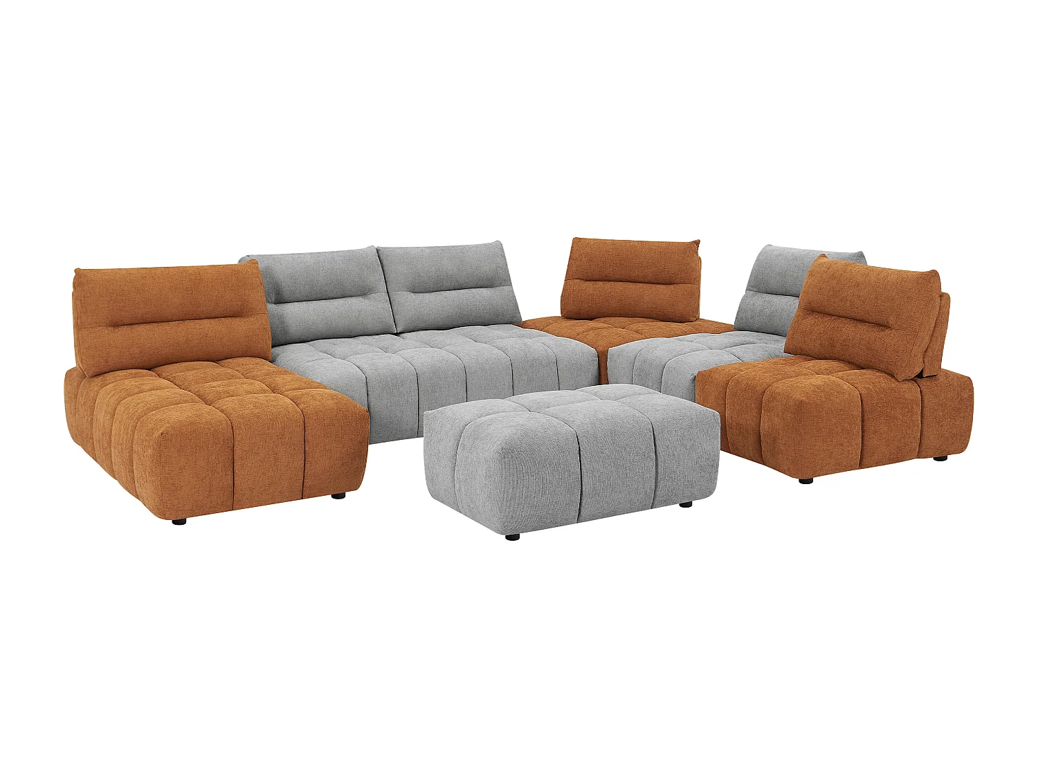 Panoramisk sofa med hjørnemidiné og puf med avanceret justerbart ryglæn med udtræksbart betræk i tekstureret lysegrå og terrakotta APOLIU