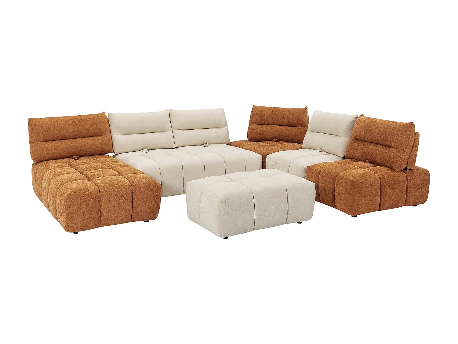 Sofá de esquina panorámico modular y puf con respaldo avanzar-retroceder en tela texturizada beige y terracota APOLIU