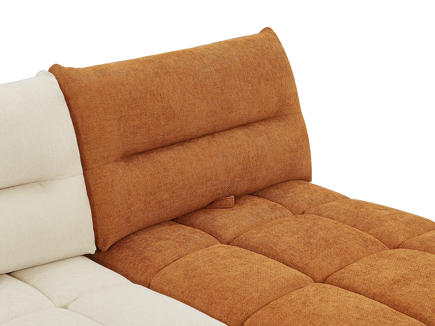 Sofá de esquina panorámico modular y puf con respaldo avanzar-retroceder en tela texturizada beige y terracota APOLIU