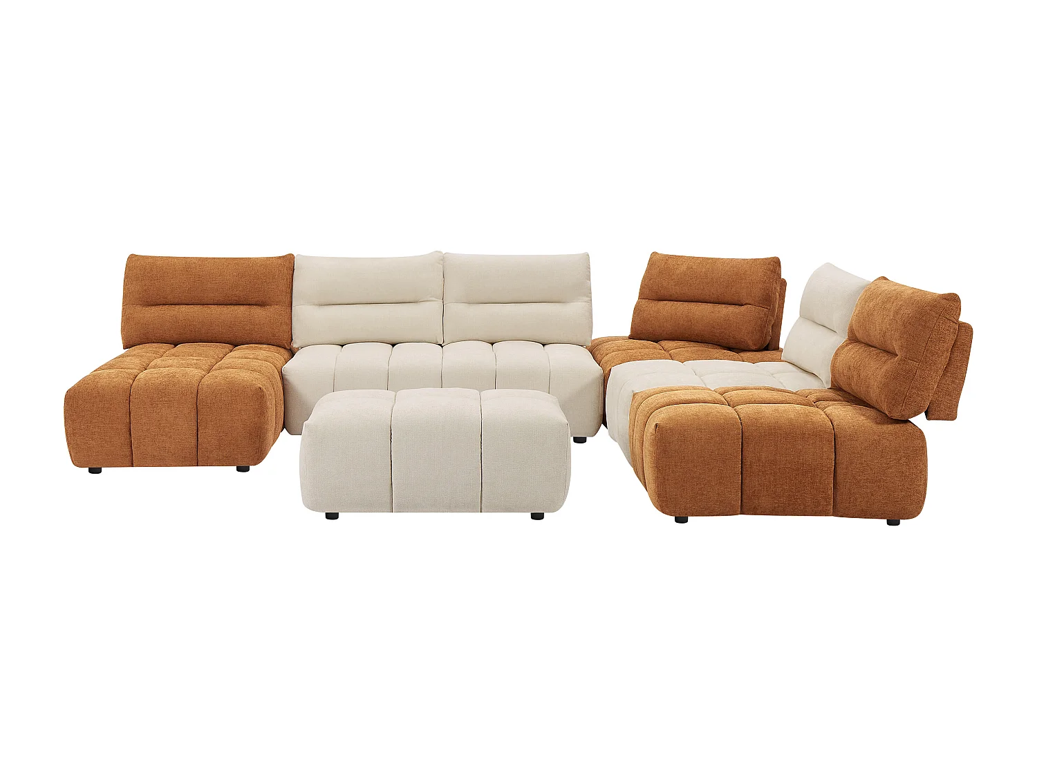 Canapé d'angle panoramique modulable et pouf dossier avance-recule en tissu texturé beige et terracotta APOLIU