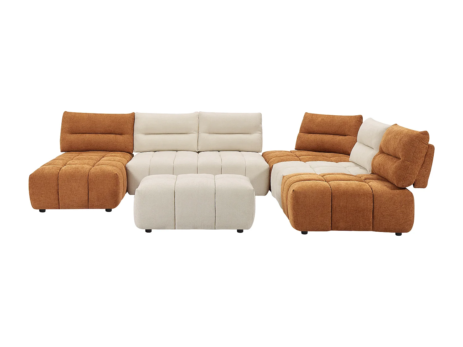 Canapé d'angle panoramique modulable et pouf dossier avance-recule en tissu texturé beige et terracotta APOLIU