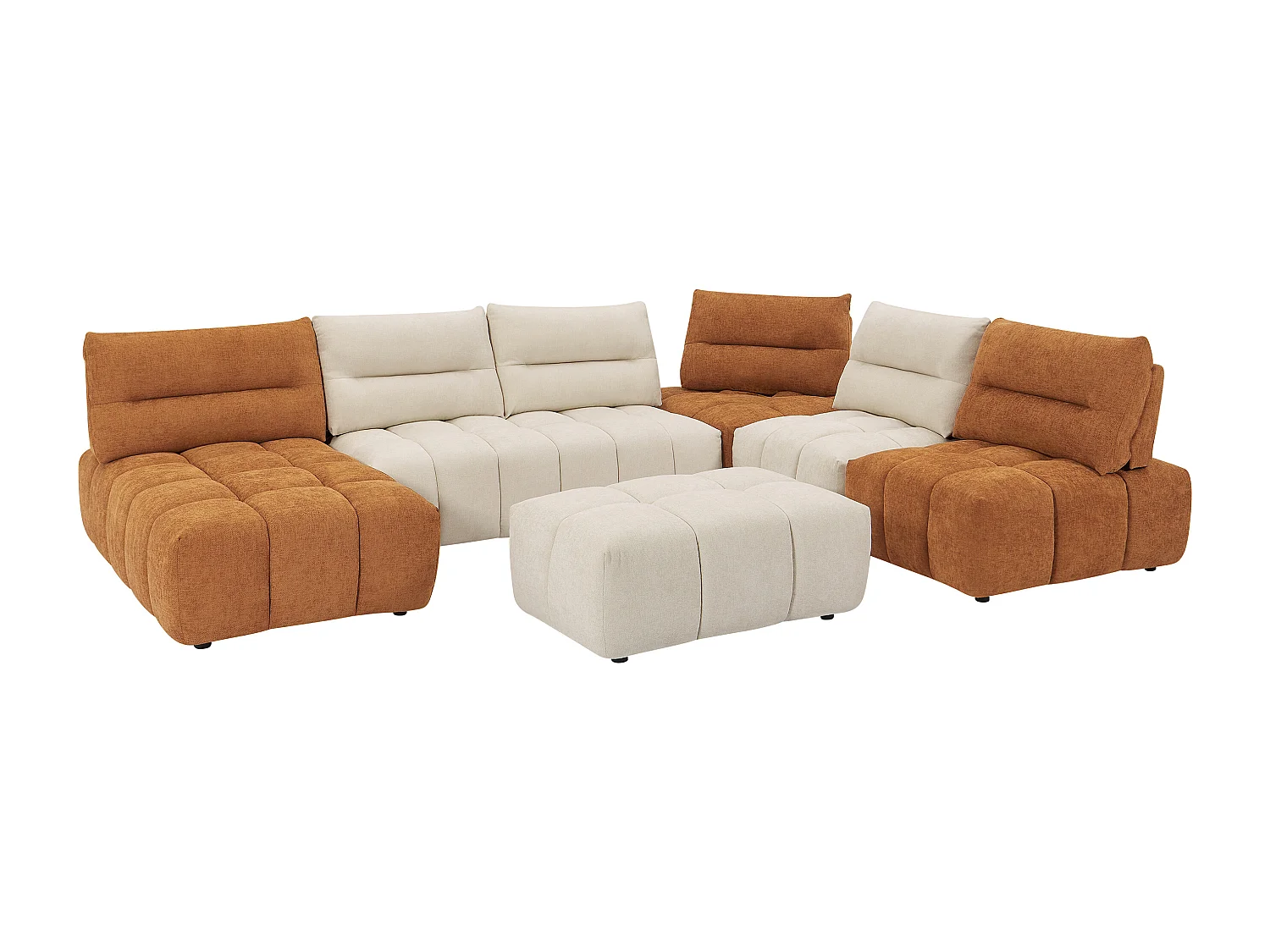 Canapé d'angle panoramique modulable et pouf dossier avance-recule en tissu texturé beige et terracotta APOLIU