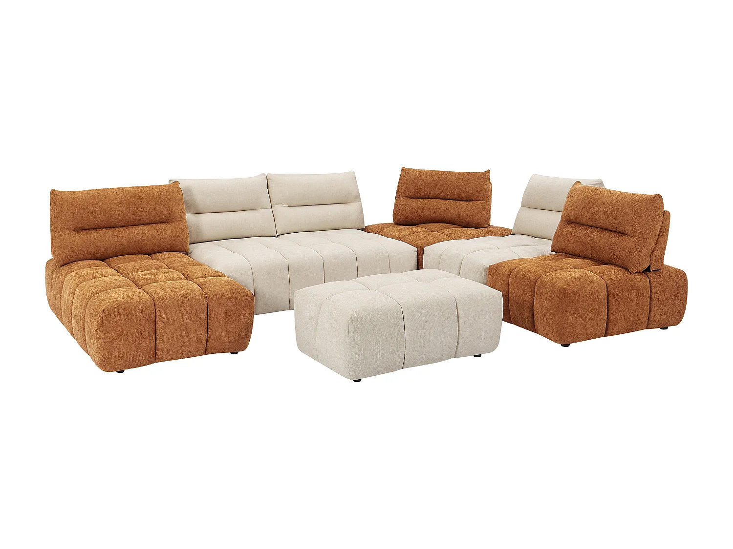 Canapé d'angle panoramique modulable et pouf dossier avance-recule en tissu texturé beige et terracotta APOLIU