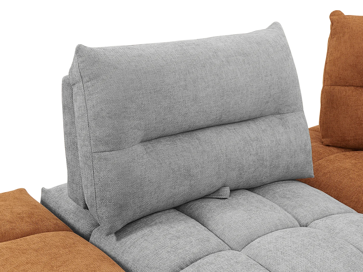 Stor hjørnesofa med ryglæn, der kan bevæges frem og tilbage, i lysegråt og terracotta tekstureret stof APOLIU