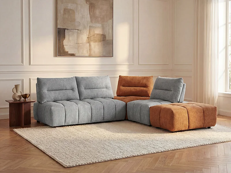 Grande divano angolare schienale avanti-indietro in Tessuto testurizzato Grigio e Terracotta - APOLIU