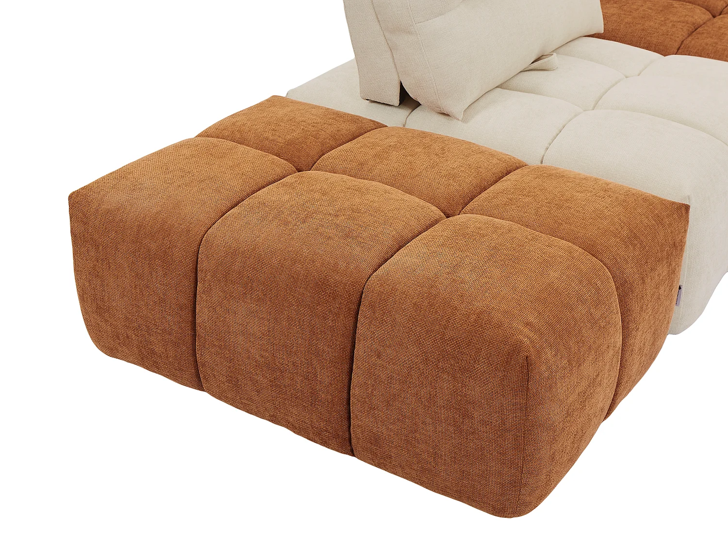 Grand canapé d'angle modulable dossier avance-recule en tissu texturé beige et terracotta APOLIU