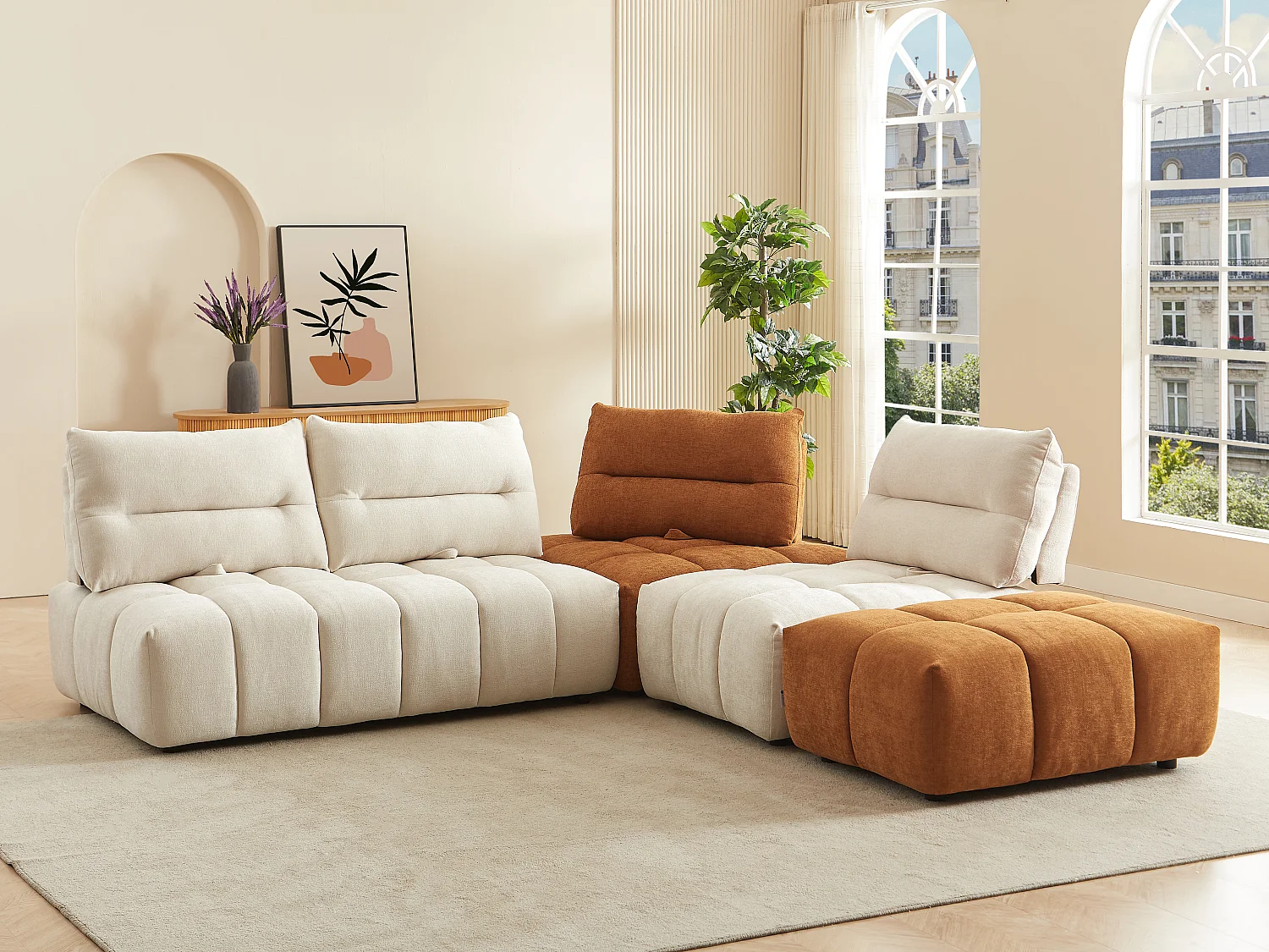 Grand canapé d'angle modulable dossier avance-recule en tissu texturé beige et terracotta APOLIU