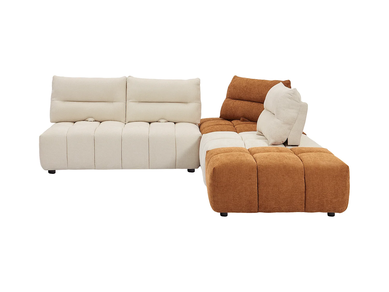 Grand canapé d'angle modulable dossier avance-recule en tissu texturé beige et terracotta APOLIU