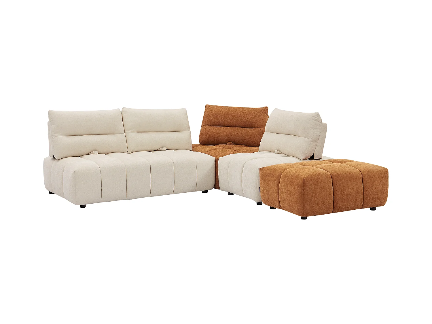 Grand canapé d'angle modulable dossier avance-recule en tissu texturé beige et terracotta APOLIU