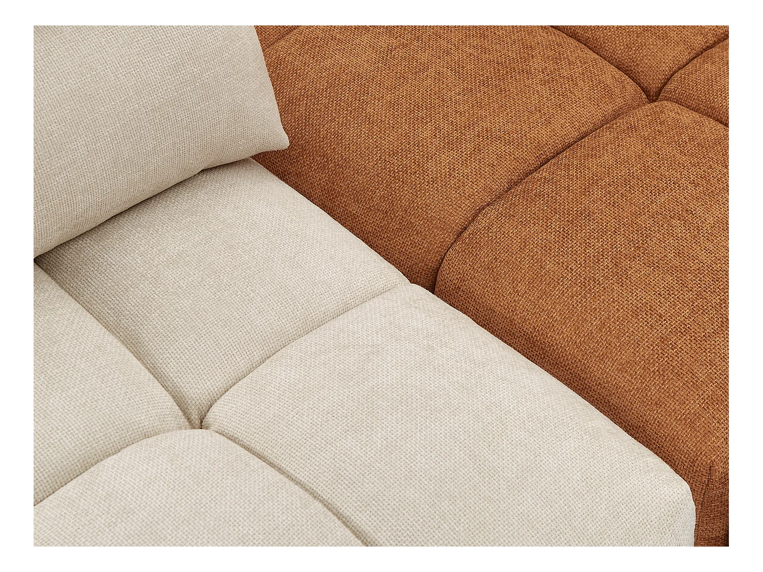 Grand canapé d'angle modulable dossier avance-recule en tissu texturé beige et terracotta APOLIU