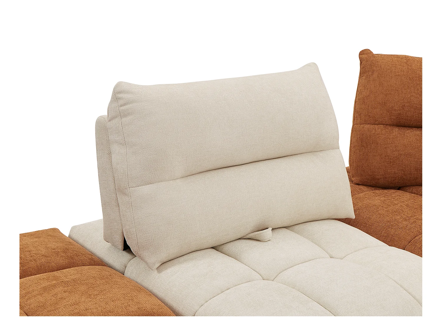 Grand canapé d'angle modulable dossier avance-recule en tissu texturé beige et terracotta APOLIU