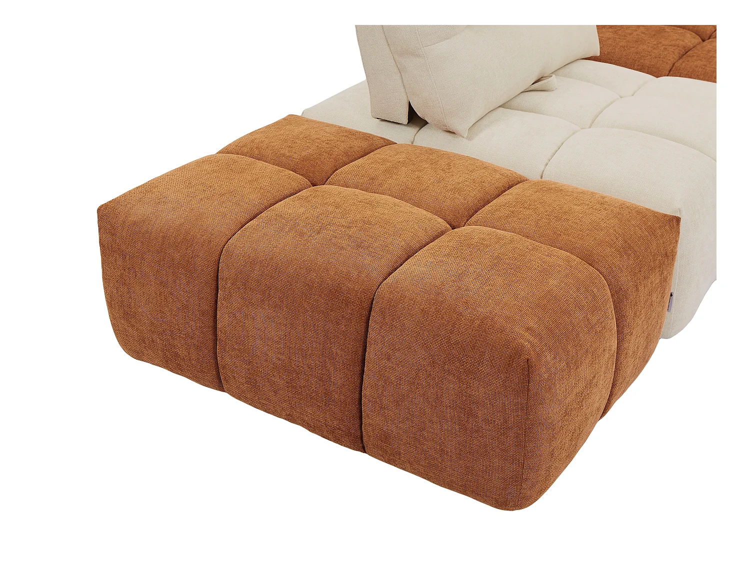 Grand canapé d'angle modulable dossier avance-recule en tissu texturé beige et terracotta APOLIU