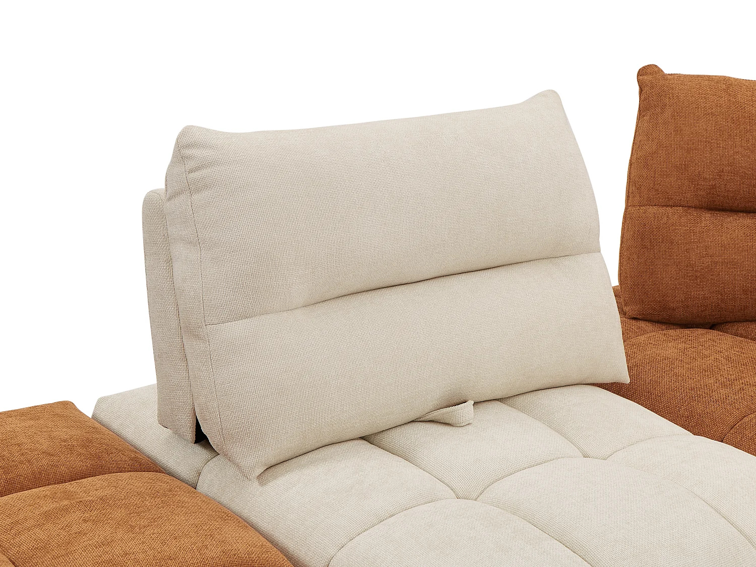 Stor modulær hjørnesofa med ryglæn der kan flyttes frem og tilbage, i tekstureret beige og terracotta stof APOLIU