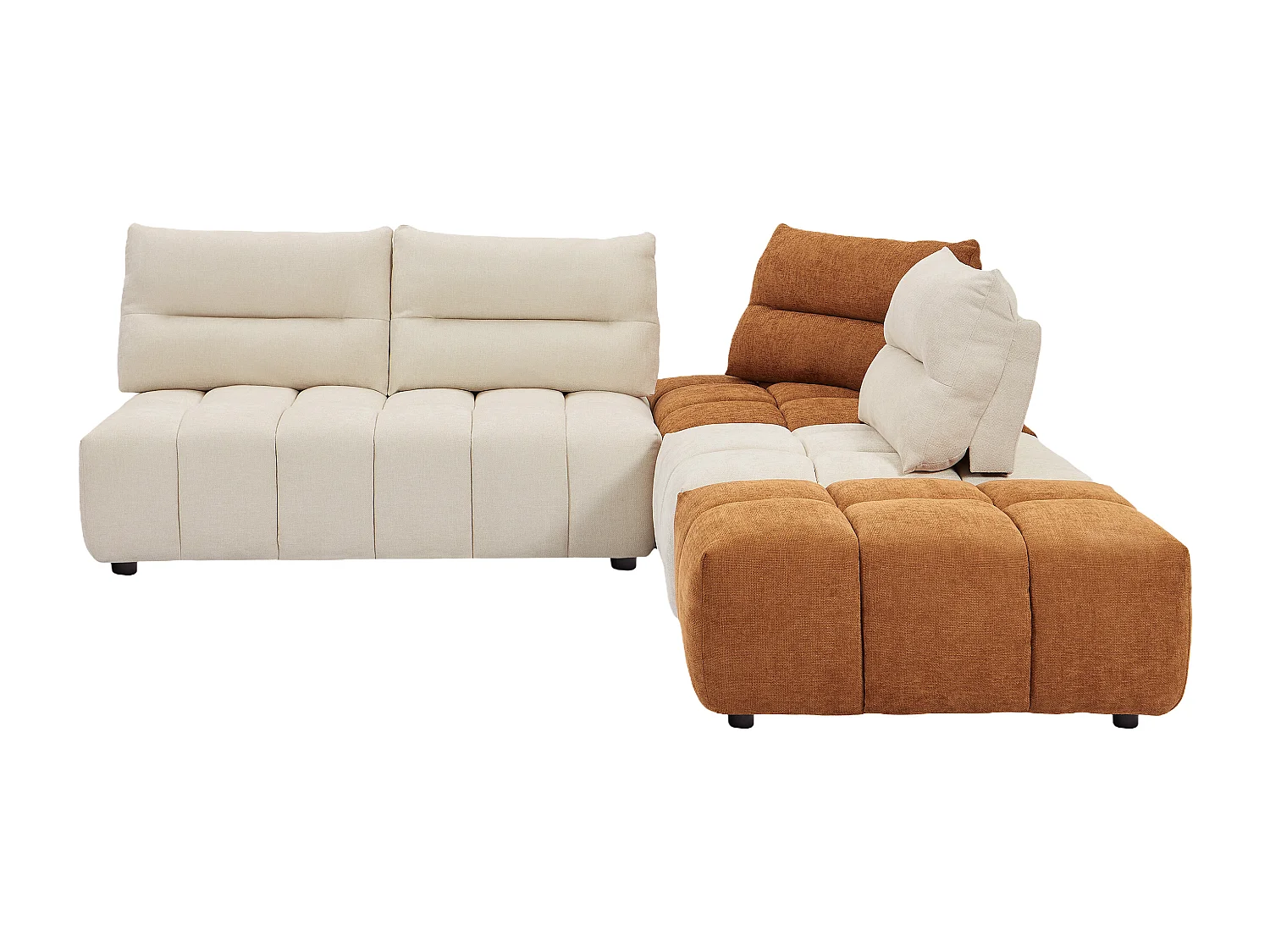 Stor modulær hjørnesofa med ryglæn der kan flyttes frem og tilbage, i tekstureret beige og terracotta stof APOLIU