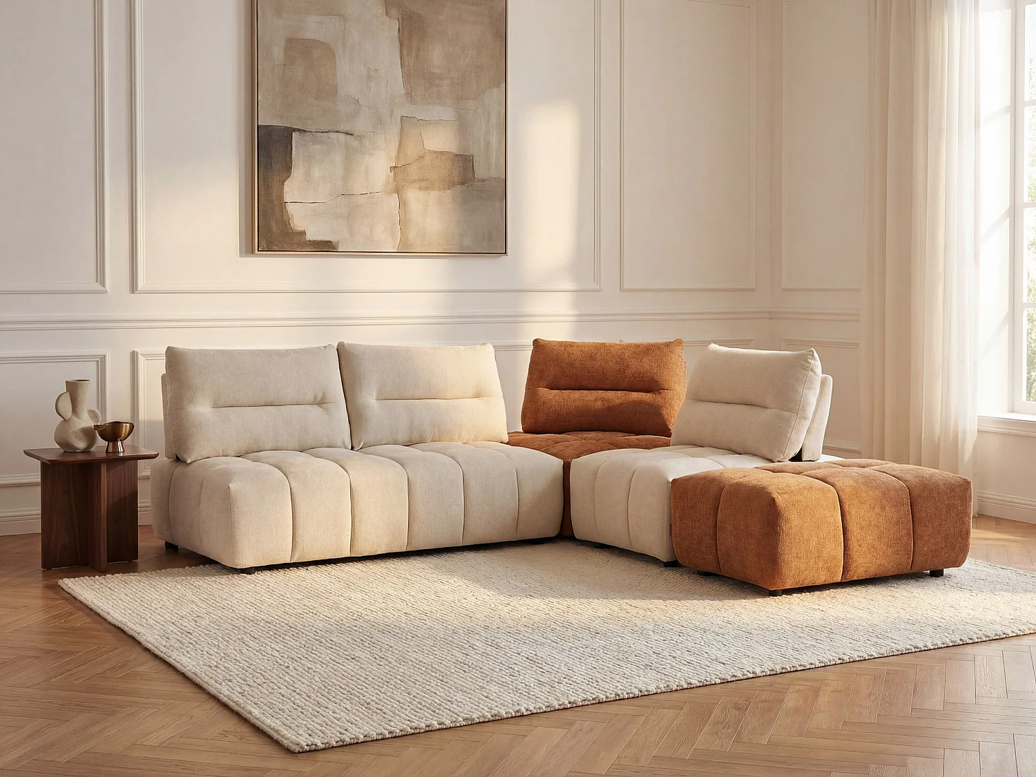 Großes Ecksofa mit verstellbarer Rückenlehne - Strukturstoff - Beige & Terracotta - APOLIU