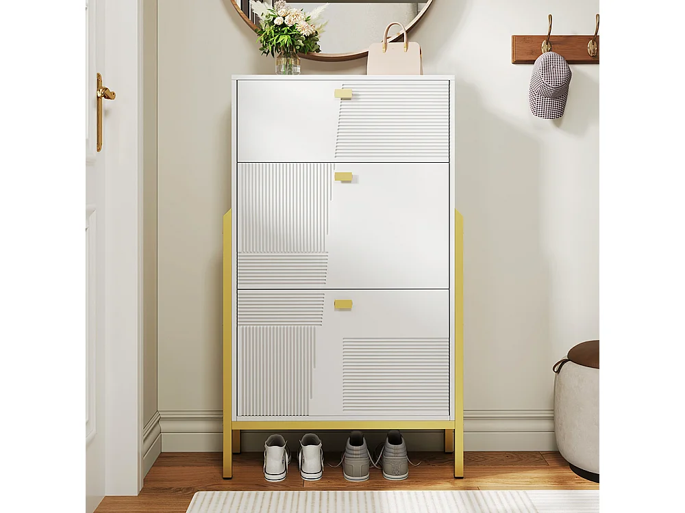 Zapatero, Zapatero con cajones, Zapatero doble con tiradores y patas dorados, 65x25x120,5 cm, Blanco