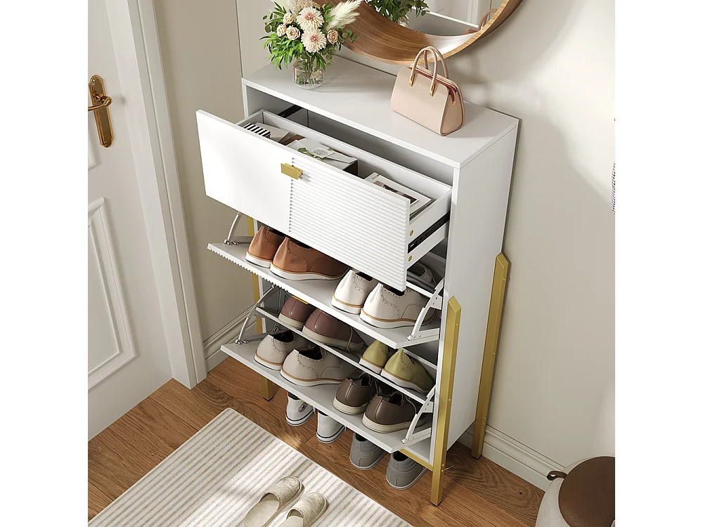 Zapatero, Zapatero con cajones, Zapatero doble con tiradores y patas dorados, 65x25x120,5 cm, Blanco