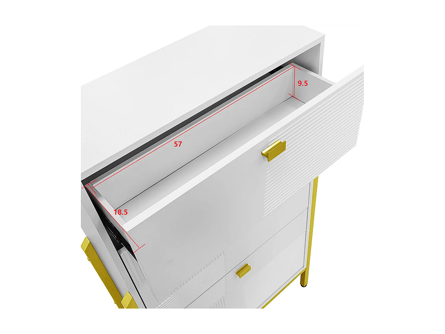 Zapatero, Zapatero con cajones, Zapatero doble con tiradores y patas dorados, 65x25x120,5 cm, Blanco