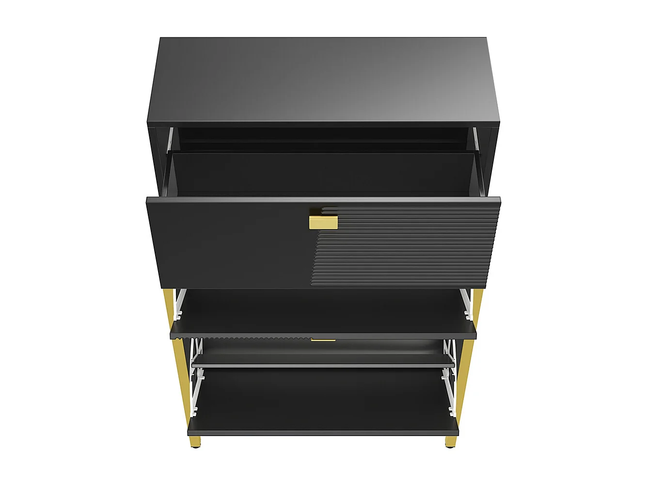 Zapatero, Zapatero con cajones, Zapatero doble con tiradores y patas dorados, 65x25x120,5 cm, Negro