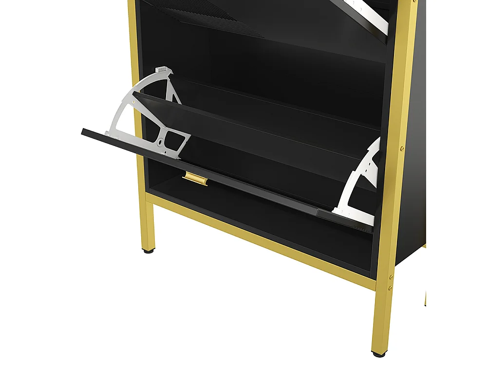 Zapatero, Zapatero con cajones, Zapatero doble con tiradores y patas dorados, 65x25x120,5 cm, Negro