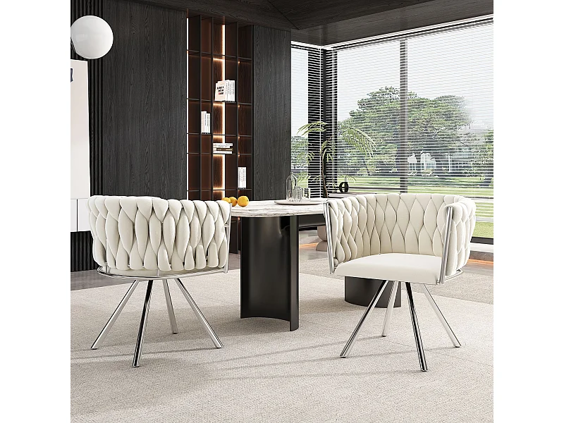 chaise pivotante,chaise de maquillage,chaise de salle à manger,chaise pivotante de loisirs, quatre pieds d'appui en métal, beige+argent,2pcs