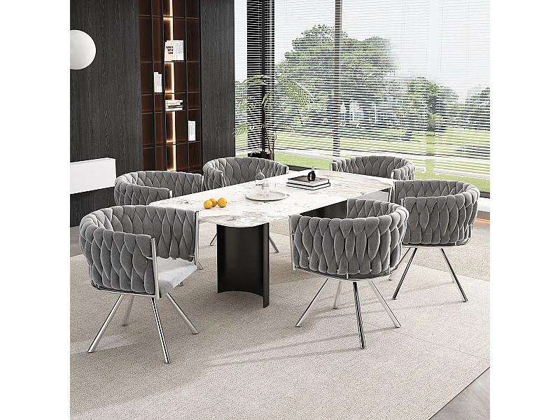 Chaise pivotante,chaise de maquillage,chaise de salle à manger,chaise pivotante de loisirs, quatre pieds d'appui en métal, gris+argent,6pcs