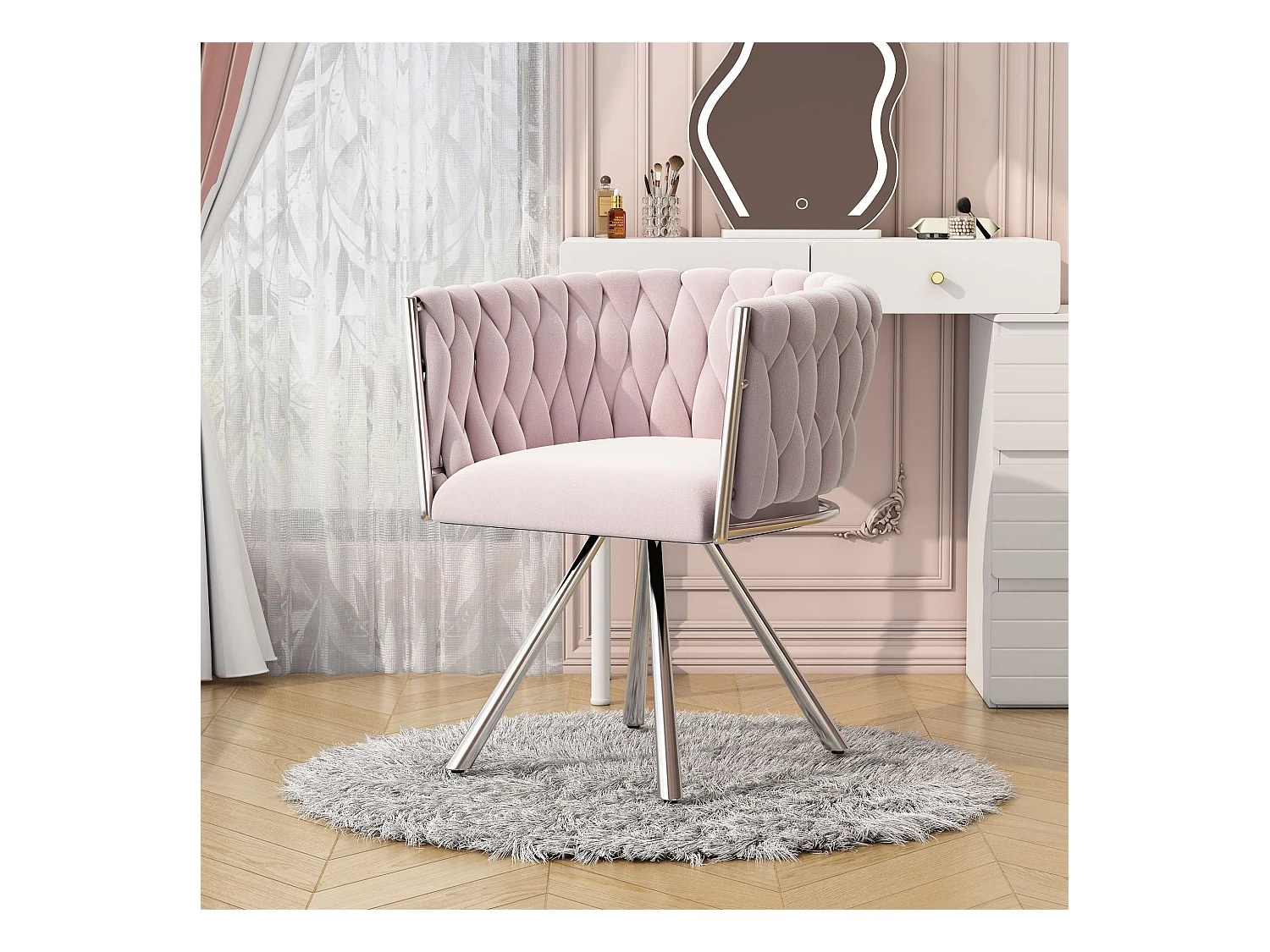 Chaise pivotante,chaise de maquillage,chaise pivotante de loisirs, quatre pieds d'appui en métal, rose,1pc