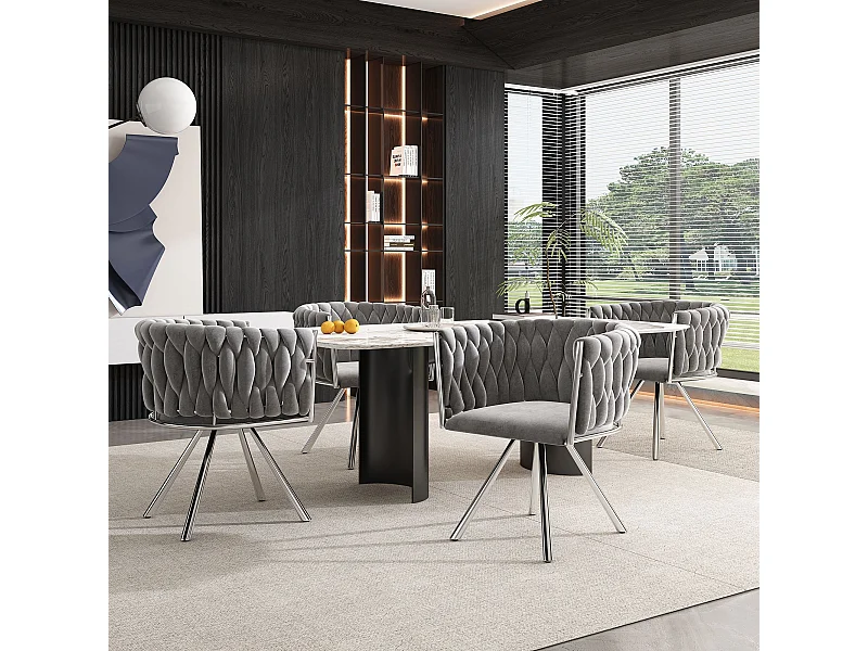 Chaise pivotante,chaise de maquillage,chaise de salle à manger,chaise pivotante de loisirs, quatre pieds d'appui en métal, gris+argent,4pcs