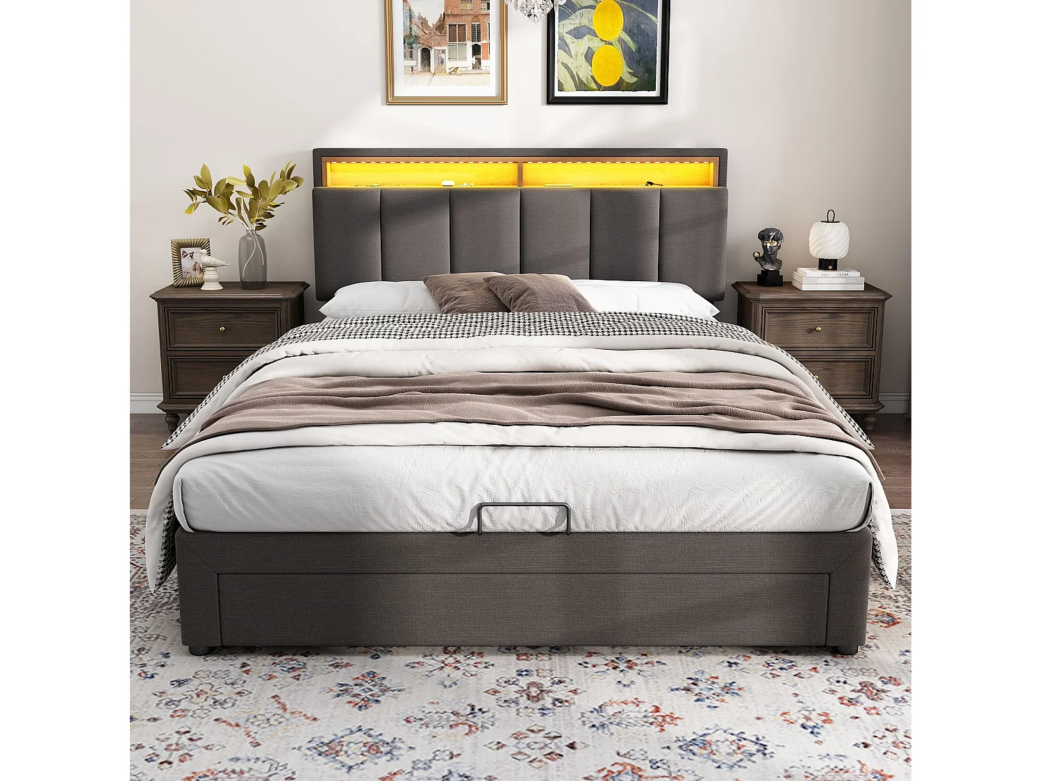 Lit rembourré avec éclairage LED,Hydraulique Lit de rangement avec tiroirs et compartiments de rangement,Lit double 140x190cm,Gris, Sans matelas