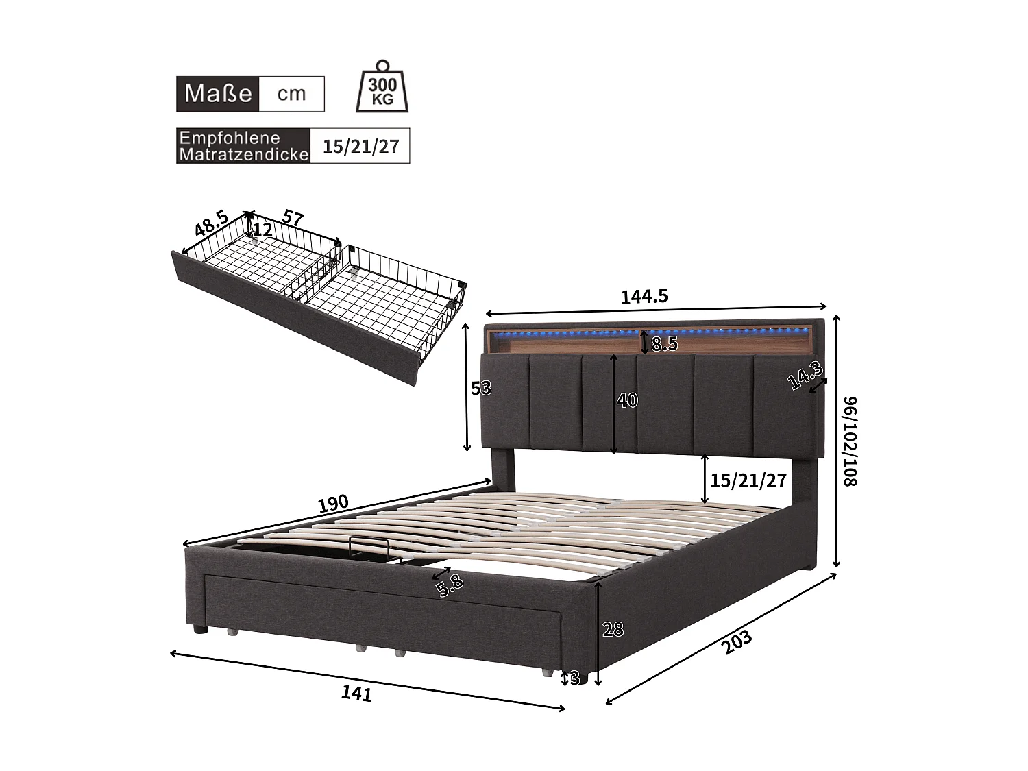 Lit rembourré avec éclairage LED,Hydraulique Lit de rangement avec tiroirs et compartiments de rangement,Lit double 140x190cm,Gris, Sans matelas