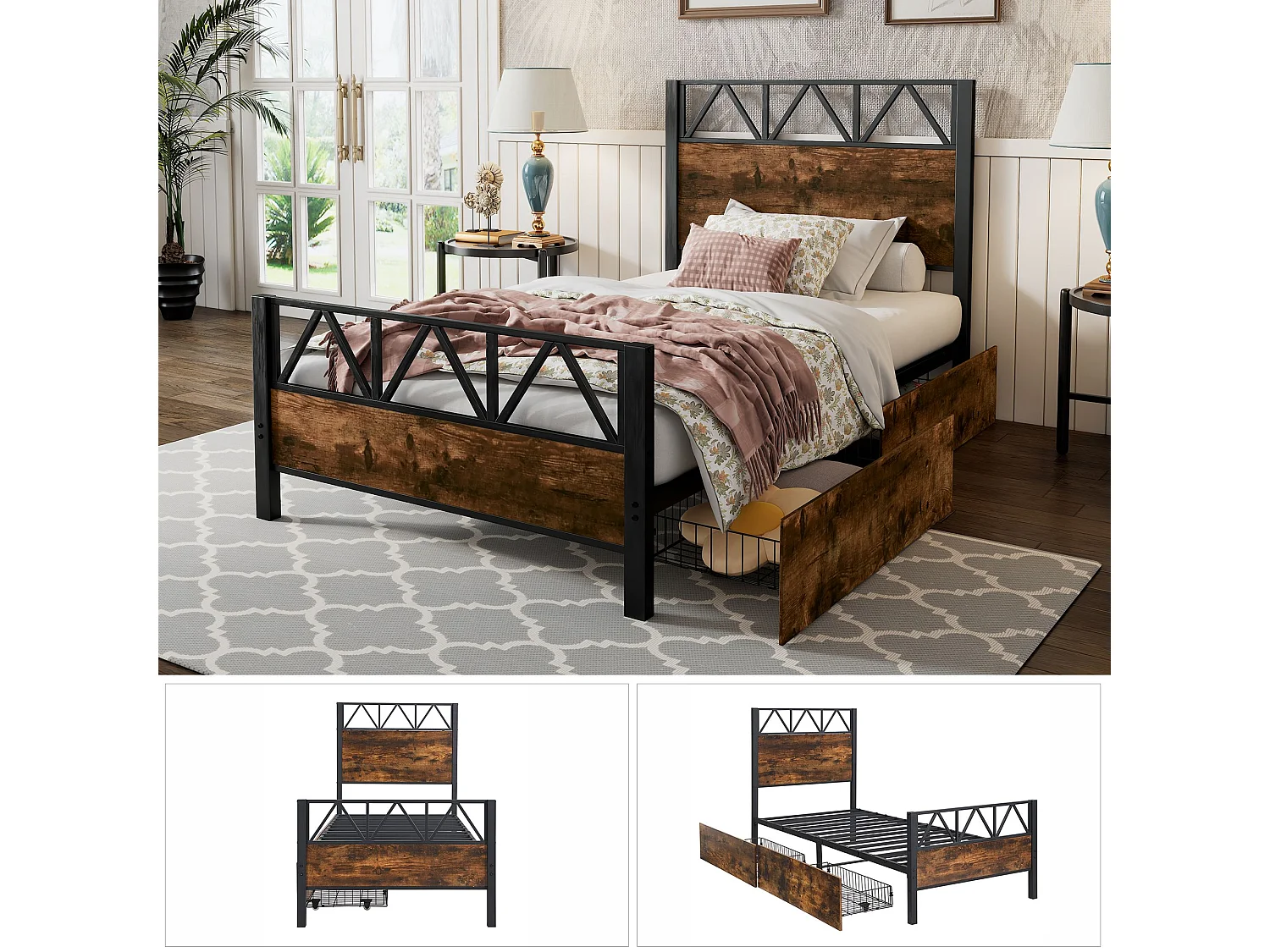 Lit métallique 90x200 cm, lit pour enfant, deux tiroirs avec roulettes, structure métallique, sommier plat, métal+MDF, noir+noyer