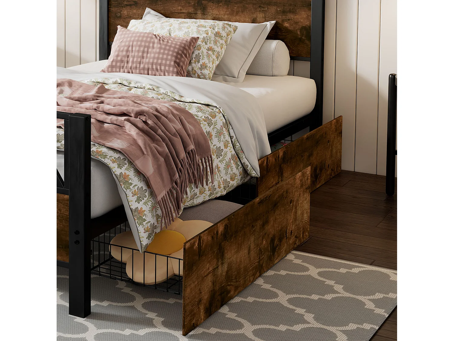 Lit métallique 90x200 cm, lit pour enfant, deux tiroirs avec roulettes, structure métallique, sommier plat, métal+MDF, noir+noyer