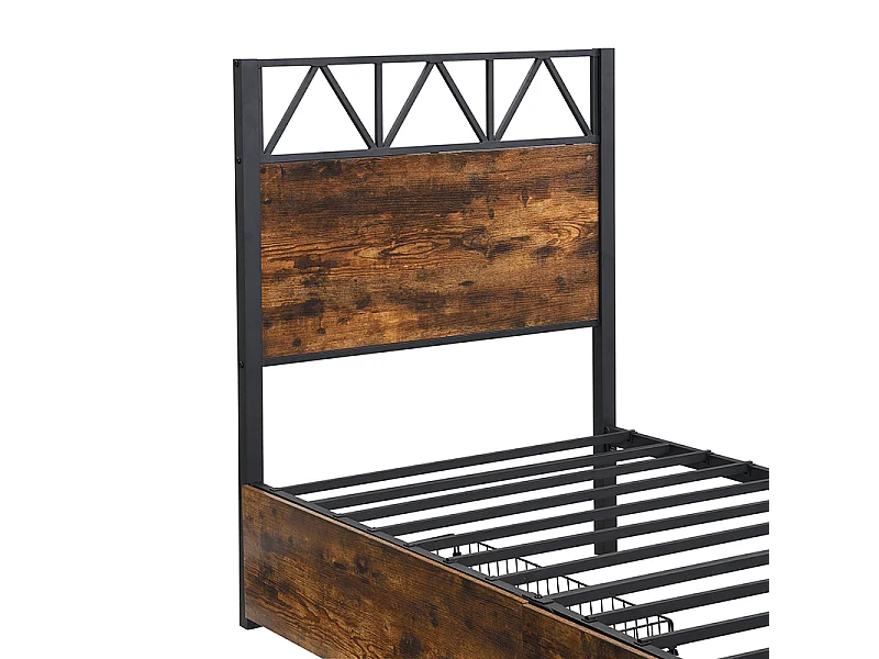 Letto in metallo 90x200 cm, letto per bambini, due cassetti con ruote, struttura in metallo, rete piana, metallo+MDF, nero+noce