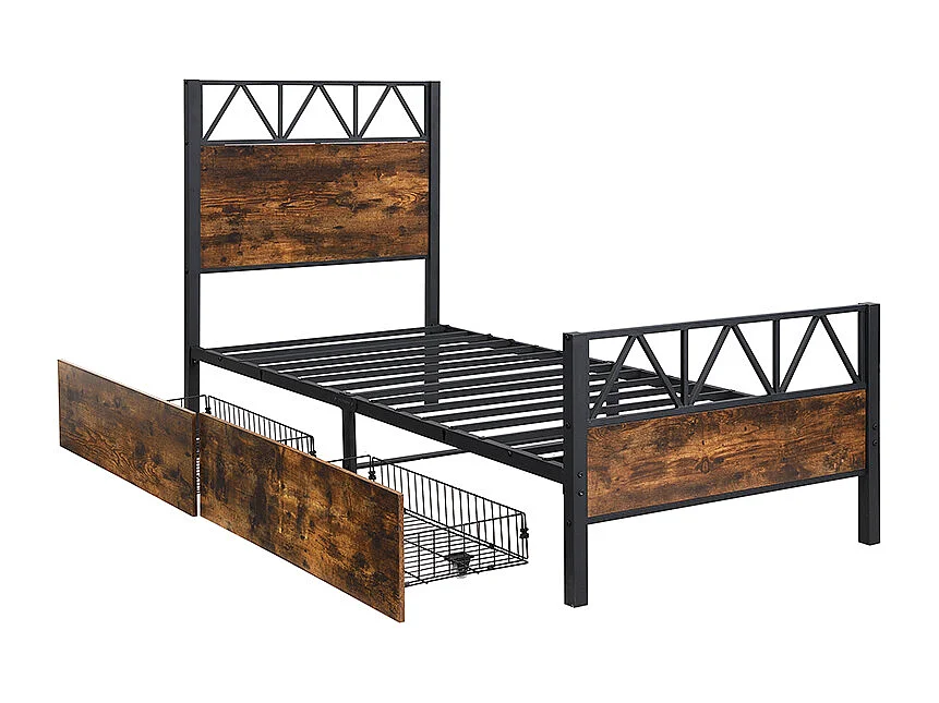 Letto in metallo 90x200 cm, letto per bambini, due cassetti con ruote, struttura in metallo, rete piana, metallo+MDF, nero+noce