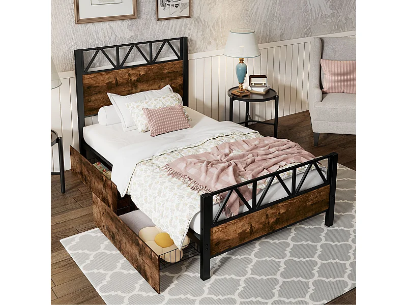 Letto in metallo 90x200 cm, letto per bambini, due cassetti con ruote, struttura in metallo, rete piana, metallo+MDF, nero+noce