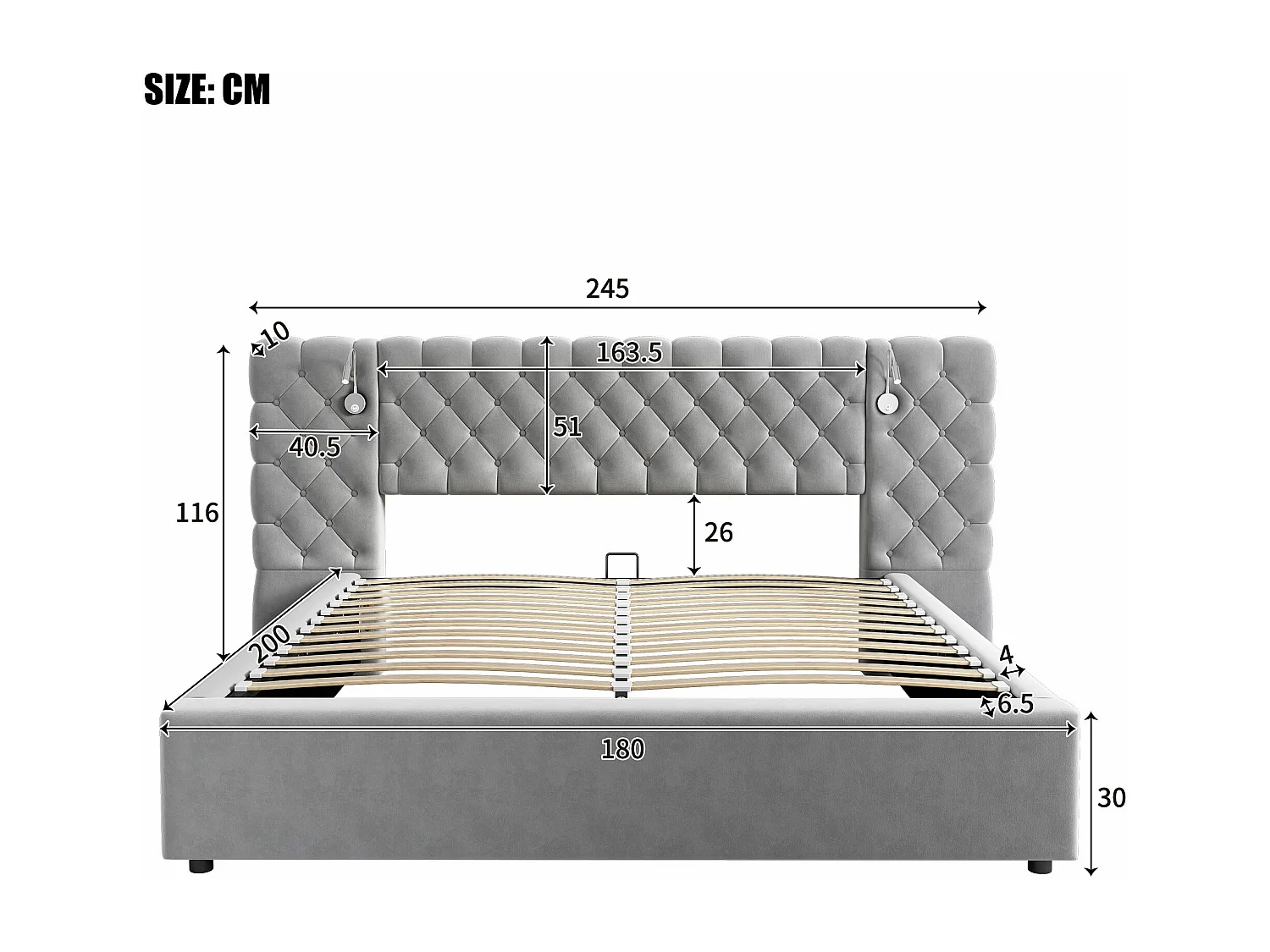 Lit rembourré, 180x200cm, lit coffre hydraulique avec éclairage LED et sommier en bois, Velours, Gris, Sans matelas