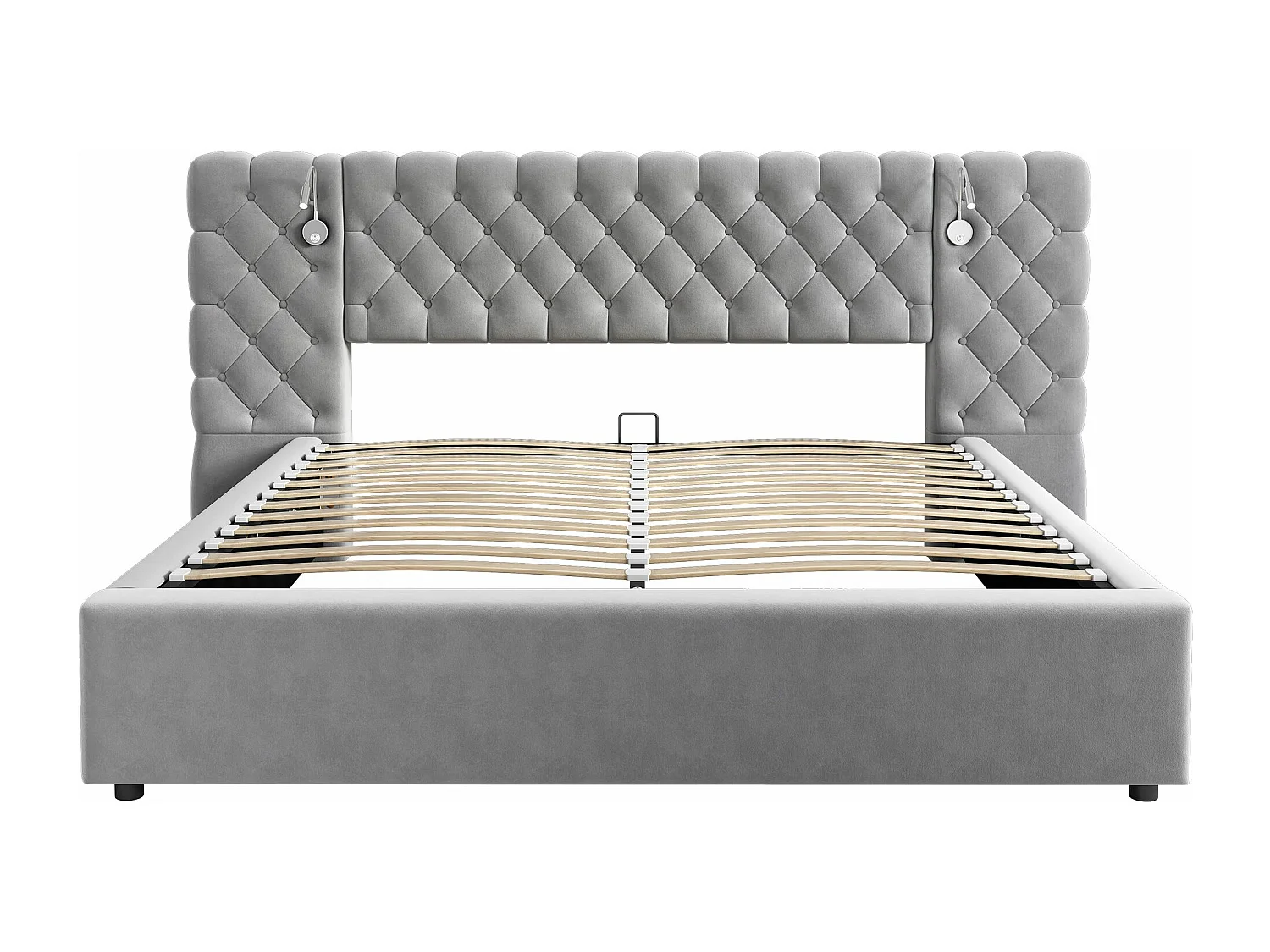 Lit rembourré, 180x200cm, lit coffre hydraulique avec éclairage LED et sommier en bois, Velours, Gris, Sans matelas