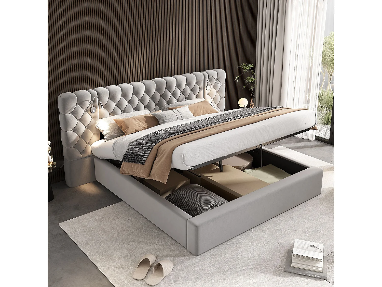 Cama estofada, 180x200cm, cama de armazenamento hidráulica com iluminação LED e base de madeira, Veludo, Cinza, Sem colchão