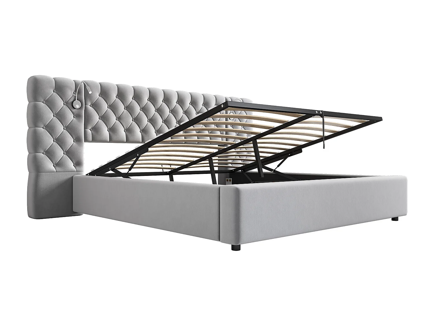 Cama estofada, 180x200cm, cama de armazenamento hidráulica com iluminação LED e base de madeira, Veludo, Cinza, Sem colchão