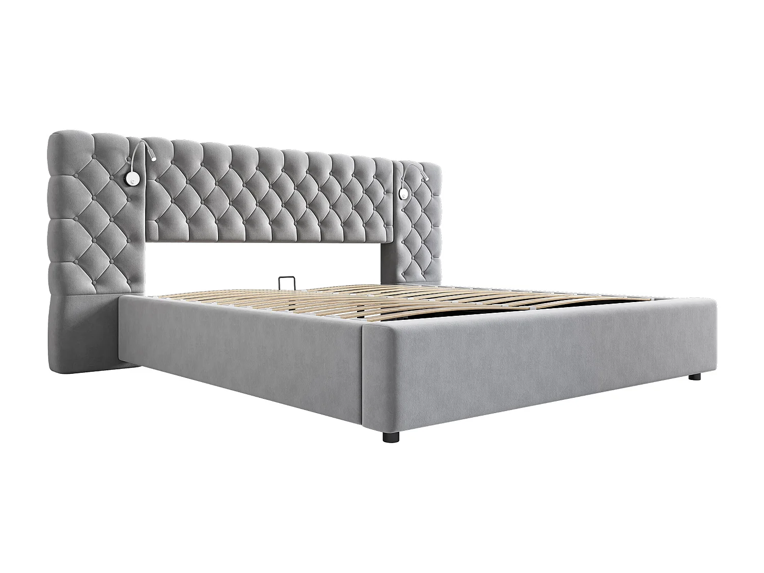 Cama estofada, 180x200cm, cama de armazenamento hidráulica com iluminação LED e base de madeira, Veludo, Cinza, Sem colchão