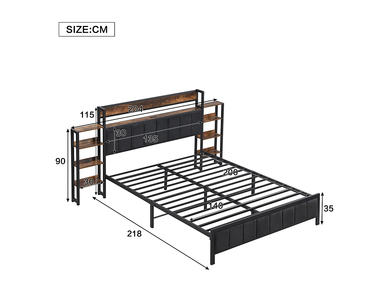 Metalen bed, opbergbed, 140x200cm, hoofdeinde met legplank en 3 USB-poorten, metaal+MDF+velours, zwart+walnoot, zonder matras