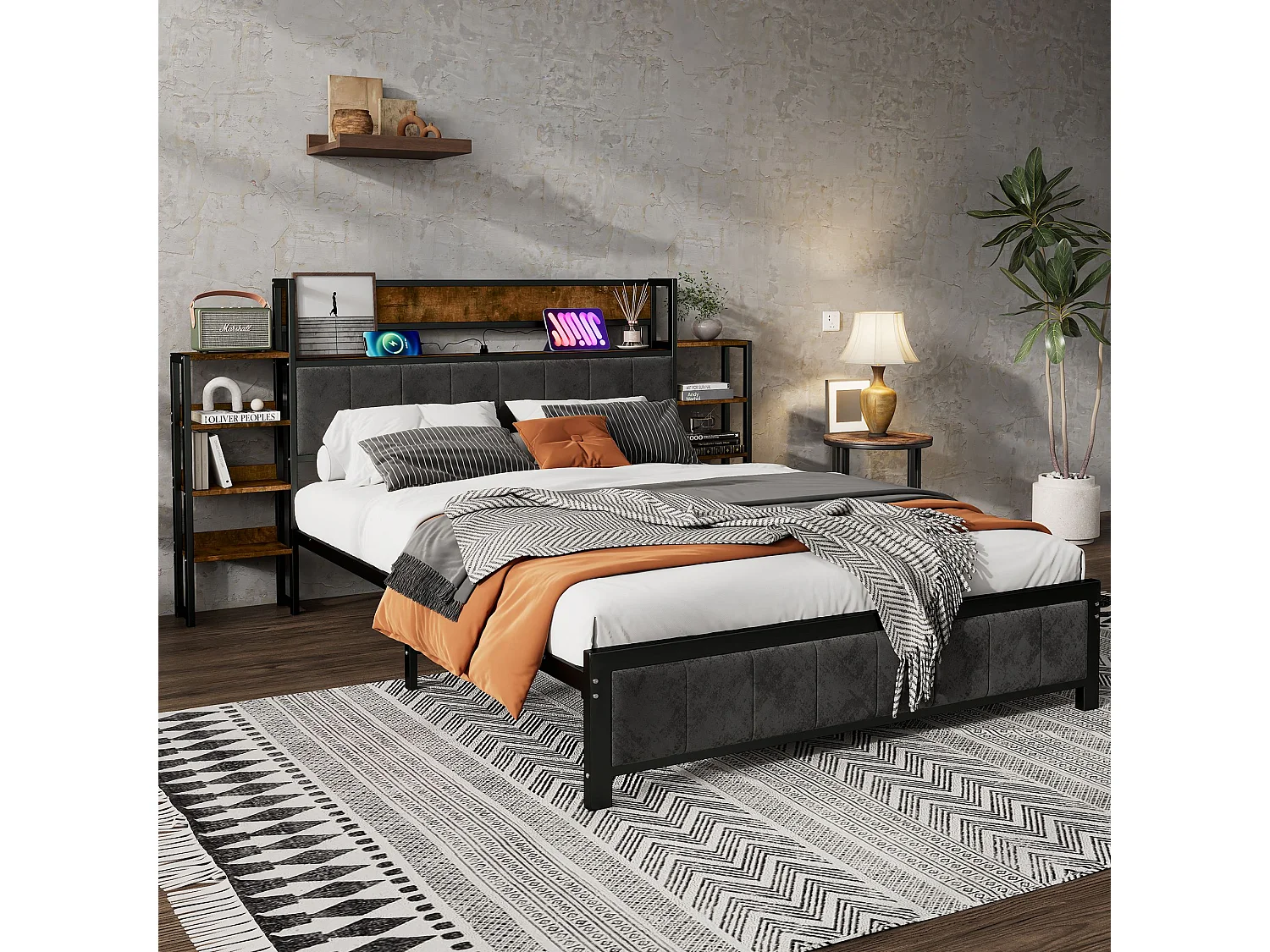 Letto in metallo 140 x 200 cm, testiera con ripiano, 3 porte USB, struttura in metallo, base piatta, metallo + MDF + velluto, nero + noce