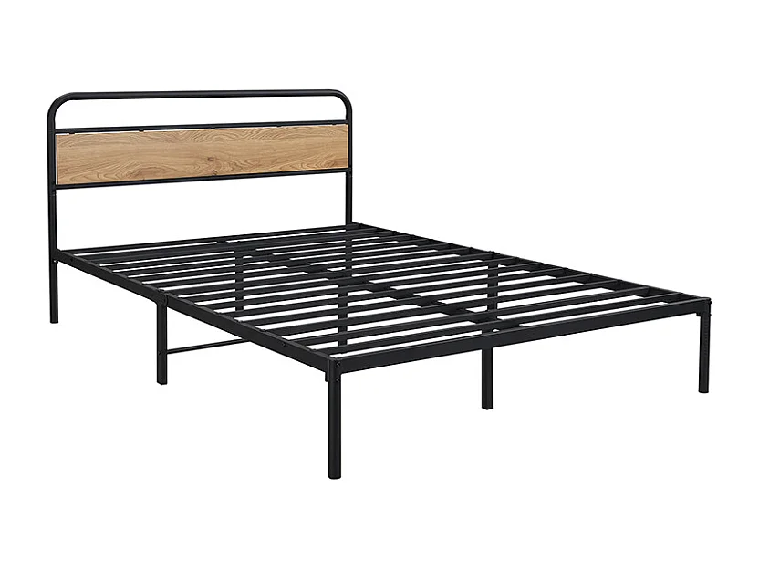 Metalen bed, 140x200cm, met tafel en verticale kapstok, metaal+MDF, zwart+natuur, zonder matras