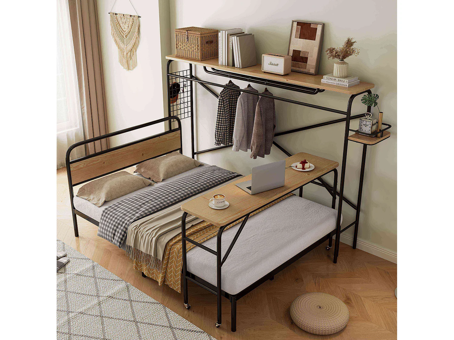 Metalen bed, 140x200cm, met tafel en verticale kapstok, metaal+MDF, zwart+natuur, zonder matras