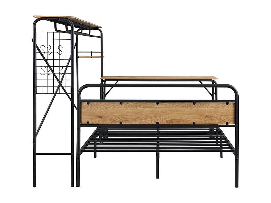 Metalen bed, 140x200cm, met tafel en verticale kapstok, metaal+MDF, zwart+natuur, zonder matras