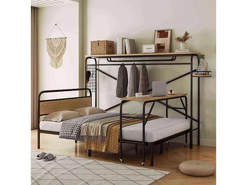 Cama de metal 140 x 200 cm, Camas planas, Cabide vertical, Mesa com rodas, Estrutura de metal, Metal + MDF, Preto + Natural