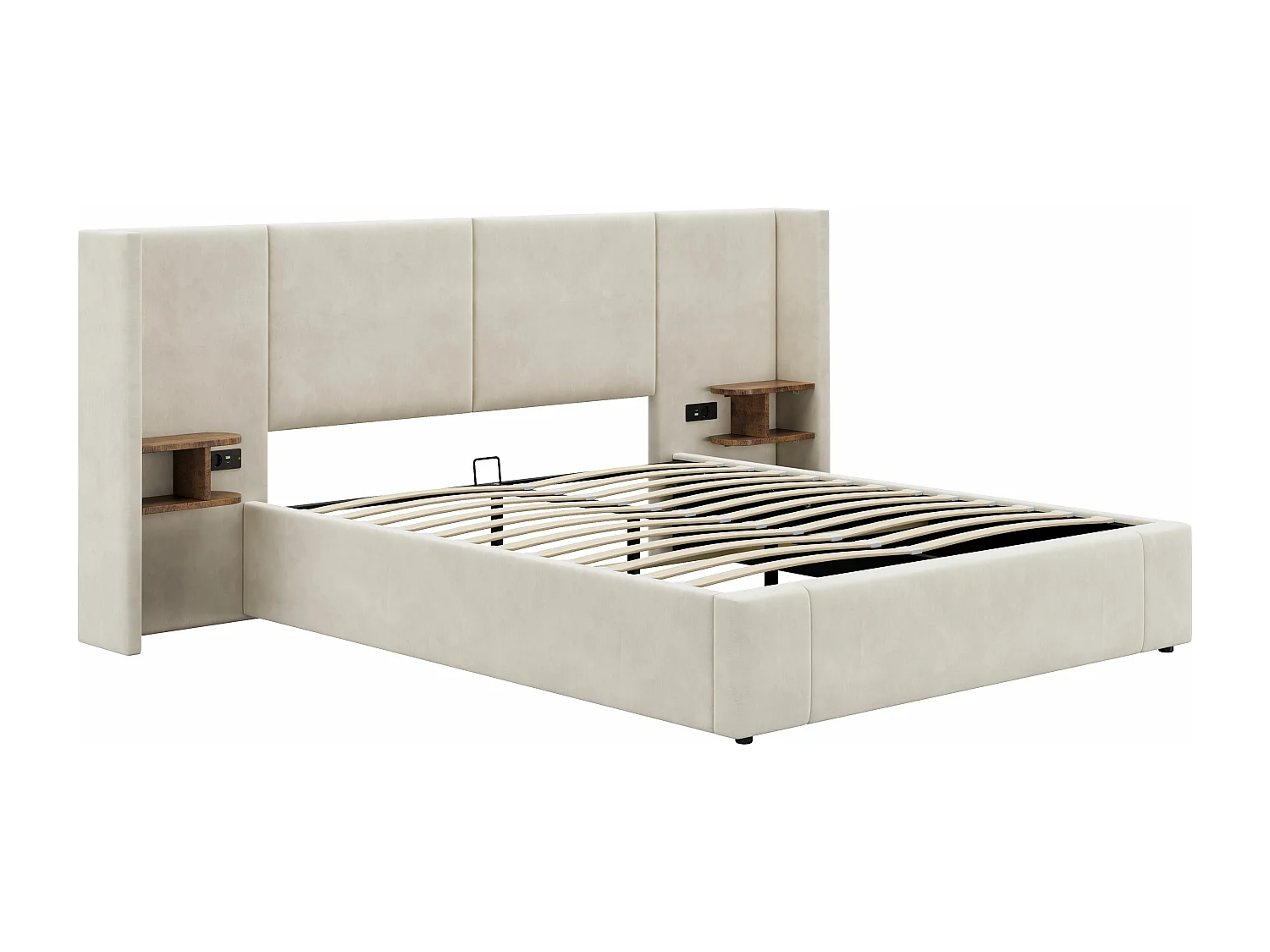 Lit rembourré 160x200cm, lit hydraulique à oreilles larges avec connexion USB et deux tables de nuit,Velours, Beige,Sans matelas